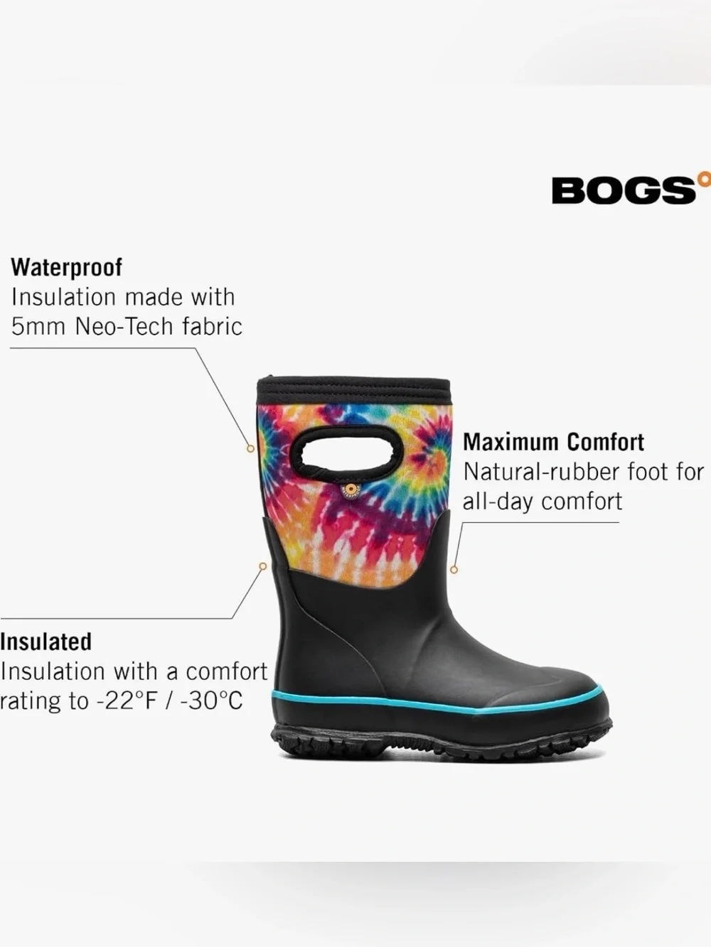 BOGS Grasp Kids Waterproof Insulated Rain Boots Size 11 Toddler Tie Dye Black